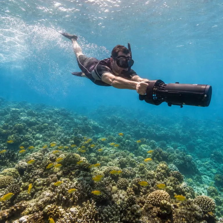 Nageur propulsé par un scooter sous-marin au-dessus de la barrière de corail de La Réunion